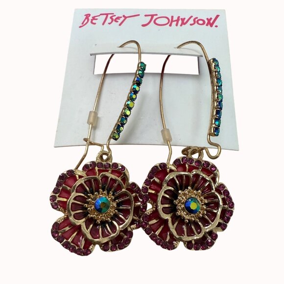 Betsey Johnson Pink & Gold Floral Drop Earrings Rhinestone, Garden Girl, Whimsy, - Picture 1 of 9